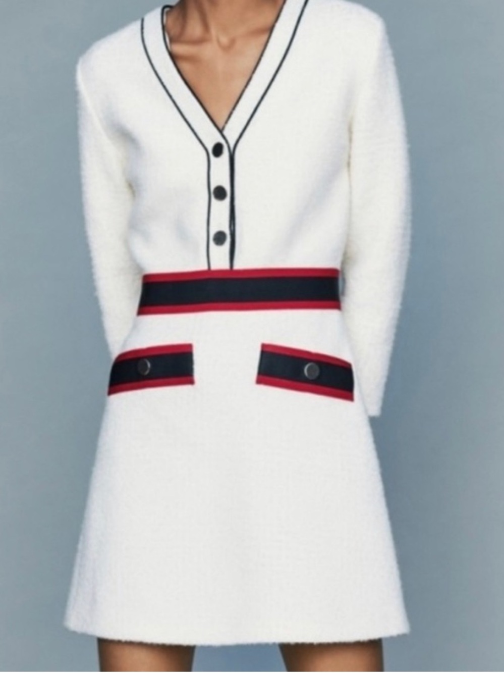 Maje White Mini Dress with Black and Red Trim